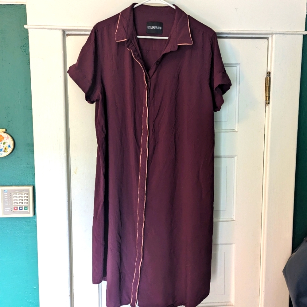 EUC Wildfang Empower Shirt Dress - Maroon, Light Pink Piping - XL